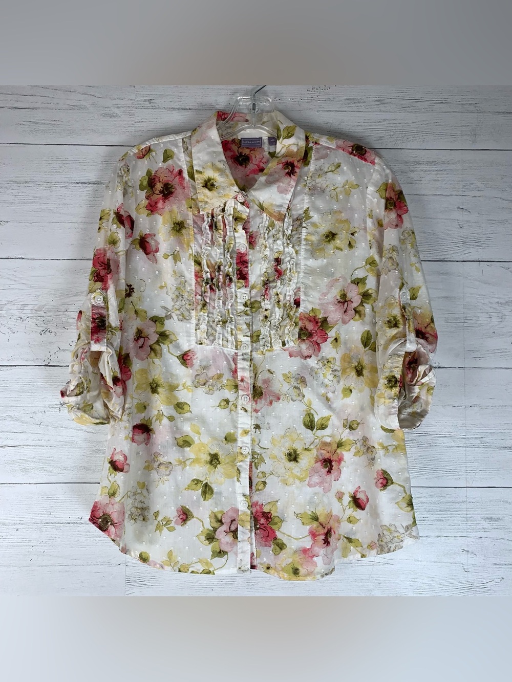 Laura Scott Cotton Swiss Dot Rose Watercolor Ruffle Shirt Womens L Roll Tab